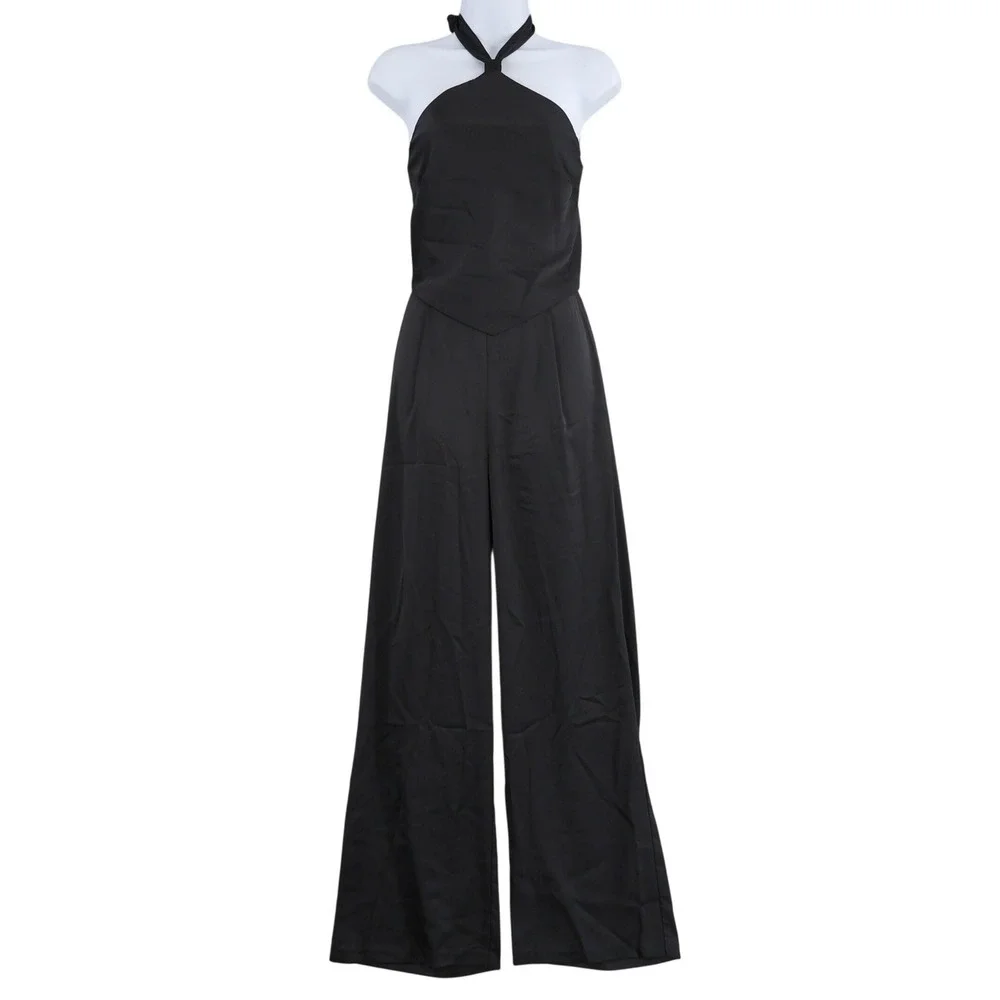 AQUA‎ Halter Neck Wide Leg Satin Jumpsuit Womens 12 Black Hostess Event $268 NWT - Picture 2 of 16